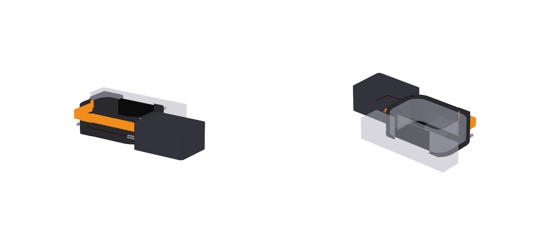 Engineering render of the assembled Biolokk internal mechanism from two angles, showing the housing blocks and the actuation path around the trigger well aperture.