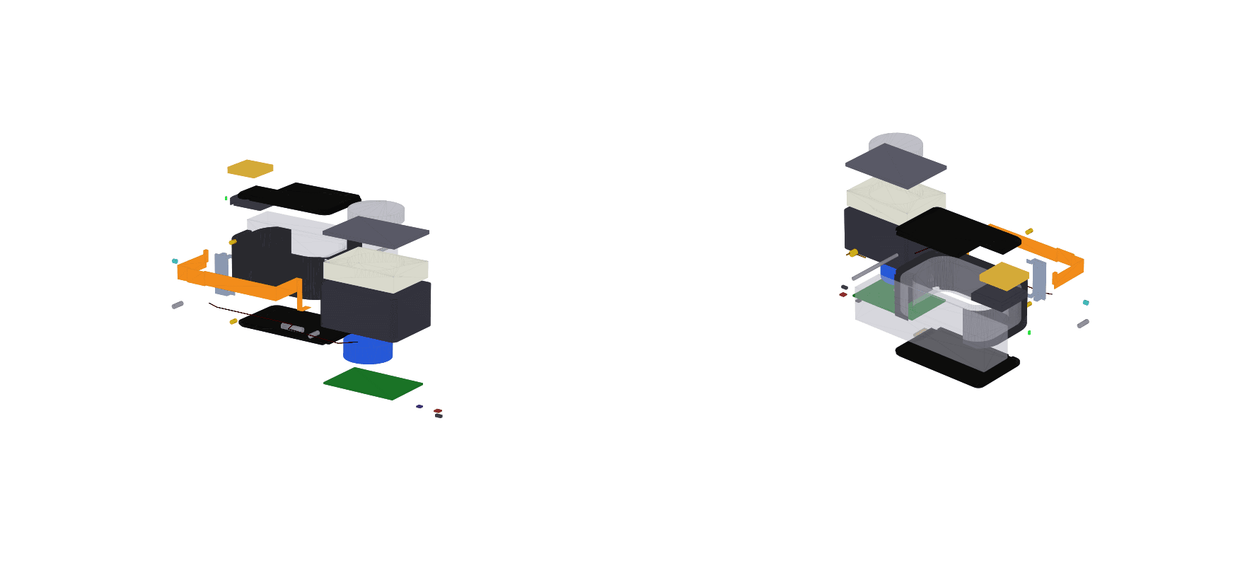 Exploded engineering render of the Biolokk internals from two angles, with each component separated along the assembly axis.