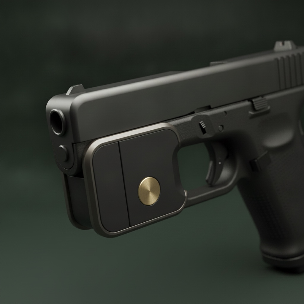 Close view of the Biolokk lock seated in a pistol's trigger guard, matte-black doors closed over a brushed-brass fingerprint sensor. Product visualization.