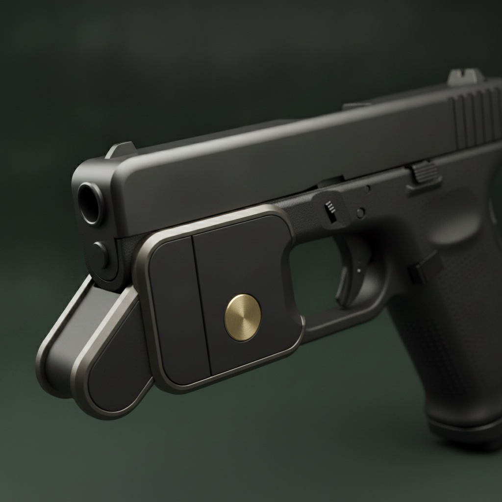 Biolokk with its doors sprung open, clear of the trigger, the brushed-brass sensor visible on the matte-black face. Product visualization.