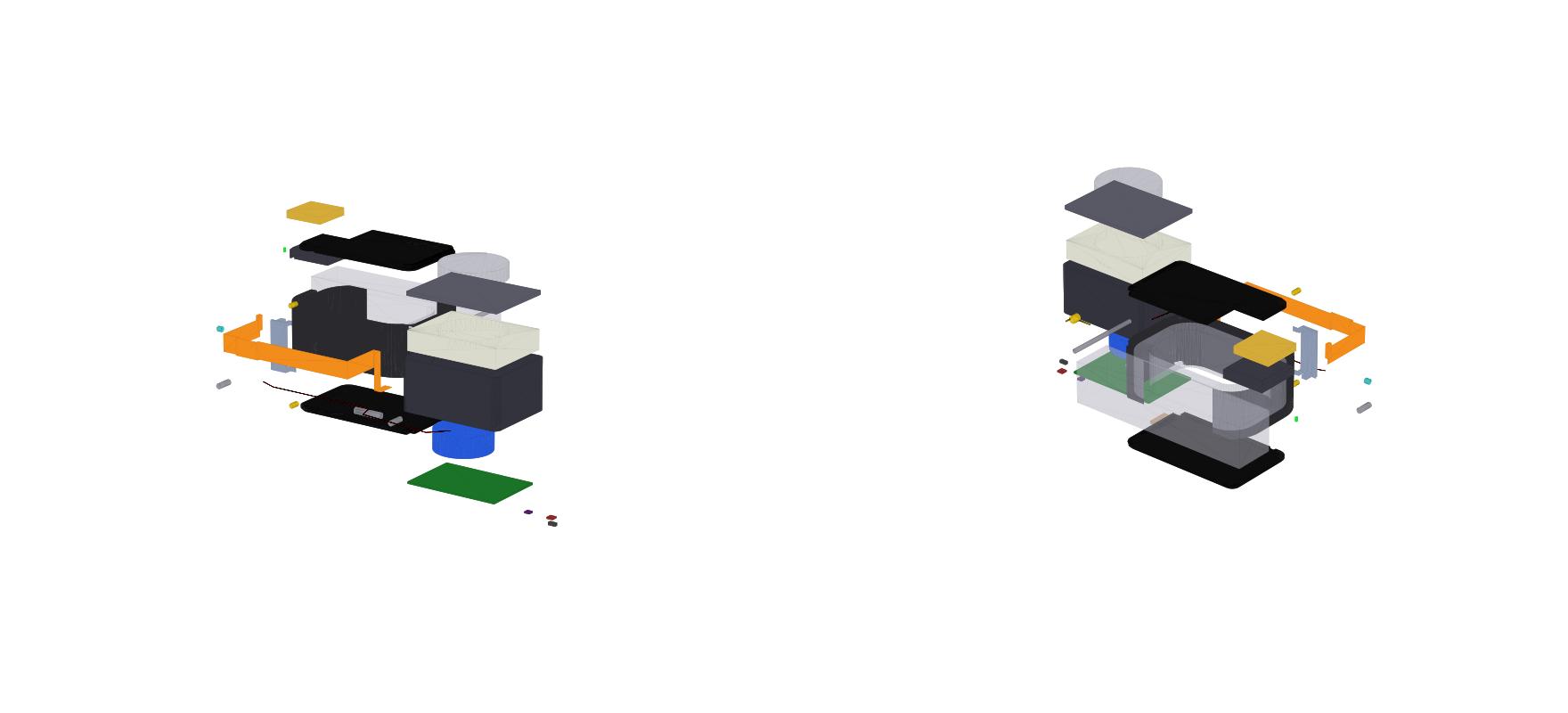 Exploded view of the Biolokk mechanism: brass doors, sealed fingerprint module, actuator wire, pawl and springs separated along the assembly axis. Engineering visualization.